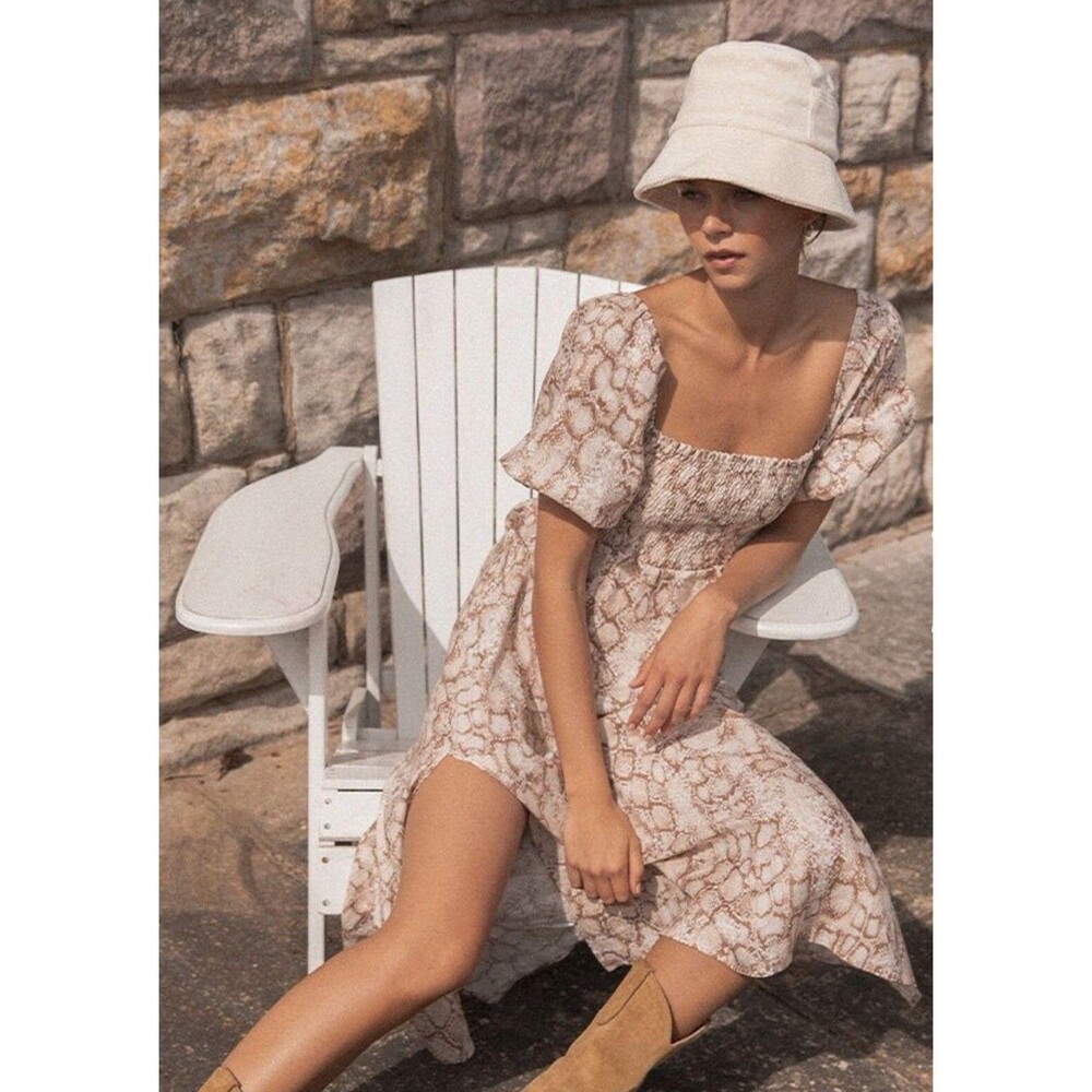 Kivari Angelina Snake Midi Dress Womens Medium M Beige Linen Boho Chic Summer